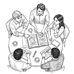 Team members collaborating on business project development strategy planning and idea generation