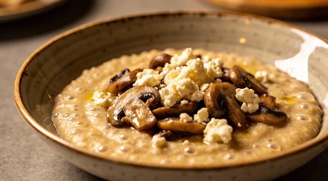 Tasty banosh served with brynza and mushrooms on grey table, closeup. Traditional Ukrainian dish