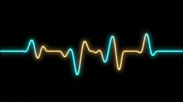 Glowing neon ECG waveforms in blue and yellow scroll rhythmically across a black background, showing 8 seconds of alternating heartbeats or audio visualization data.