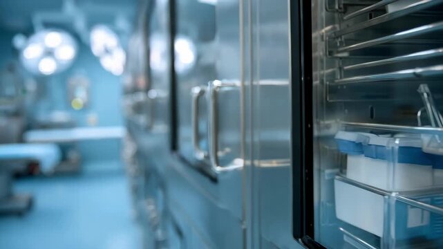 Sterile surgical instruments stored neatly inside sealed cabinets with a clear focus on the cabinet door handles and a blurred clinical environment beyond.