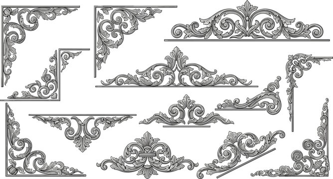 Set of vintage decorative elements and ornate victorian frames featuring floral scroll borders and calligraphic vector ornaments for classic retro design patterns