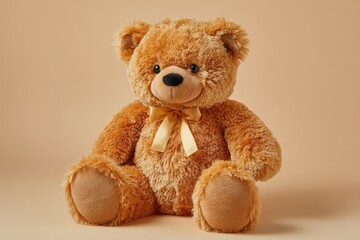Fototapeta premium A soft, plush teddy bear with a yellow ribbon sitting against a warm beige background