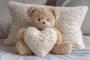A soft teddy bear holding a fluffy heart-shaped pillow on a cozy bed with textured cushions