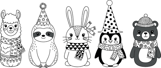 Cute winter animal characters wearing party hats and scarves, including llama, sloth, bunny, penguin, and bear in black and white coloring page vector style © Sanjida