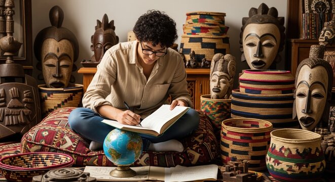 Young man studying surrounded by African art and artifacts.
