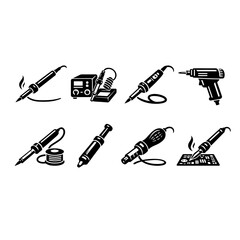 Fototapeta premium Soldering Iron Icon Set of 8, Electronics Repair Tool Vector in Black and White
