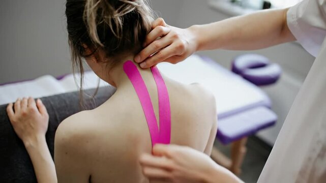 Woman receiving therapeutic tape application on her back during a relaxing massage therapy session in a serene spa environment