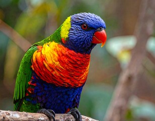 Naklejka premium A vibrant parrot perches on a branch, showcasing bright plumage. Its red beak and eyes pop against the colorful feathers