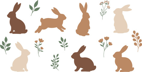 Fototapeta premium Minimal bunny silhouette set with floral branches in soft earthy tones, cute rabbit shapes for Easter, spring decor, patterns, and vector illustrations