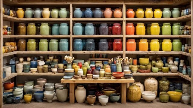 Medium shot of pottery shelves filled with colorful bisque ware and jars of glaze showcasing vibrant dipping and brushing techniques in a ceramics glazing workshop.