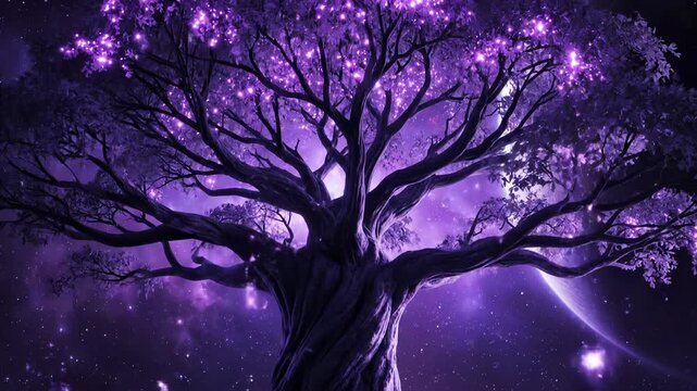 tree with sprawling root and branch forms silhouette. moon and planet rise behind galaxy and star field. leaf clusters emit purple glow. night sky frames fantasy landscape. purple glow along trunk.