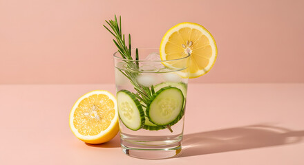 Refreshing Lemon Cucumber Water with Rosemary and Ice in a Glass