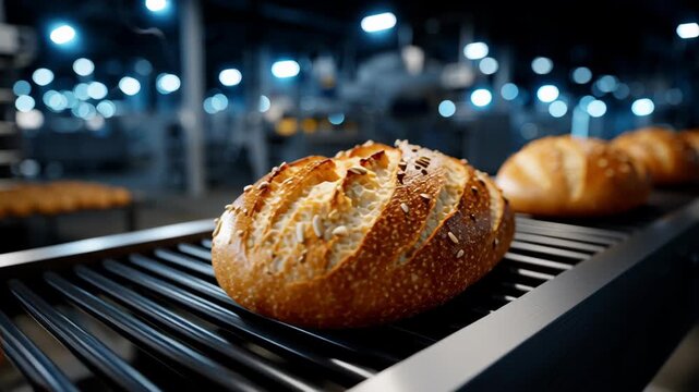 Close-up of fresh loaves on a conveyor in an industrial bakery, showcasing detailed crust textures and steam, ideal for food industry themes.