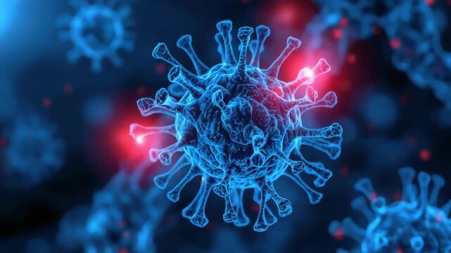 Blue microscopic virus pathogen particle illustration macro closeup with glowing red infection