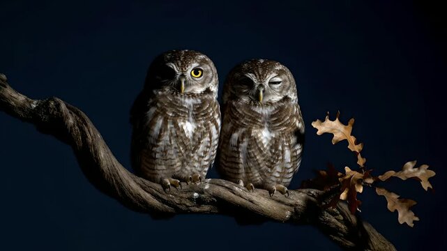 Two spotted owlets perch on a dark branch, blinking and observing their surroundings in the night. Ideal for nature, wildlife, nocturnal animal studies, mystery, or Halloween content.