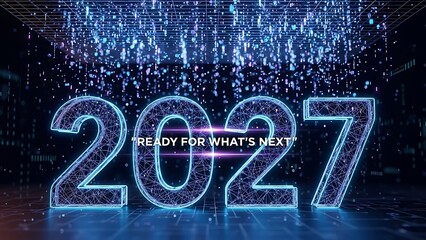 A futuristic depiction of the year 2027 with glowing neon lines and digital particle effects