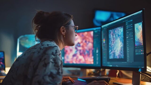 Motion graphics designer manipulating layered visuals on a digital screen main tool and artwork sharp while ambient studio elements fade away.