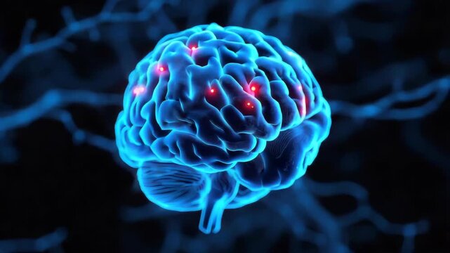 Glowing blue brain cortex glowing with neural activity, neuron synapse sparks and glowing neural