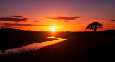 Serene Sunset Over a Winding River with a Silhouetted Tree
