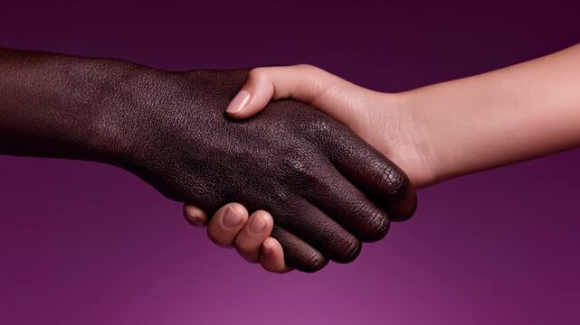 Close-up of two hands, one dark-skinned and one light-skinned, gripping in a handshake against purple background