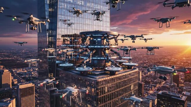 A vibrant hive of drones swarms around a glowing rooftop platform as the sun sets over an urban landscape, painting the sky in warm hues. This dazzling sight showcases innovation.