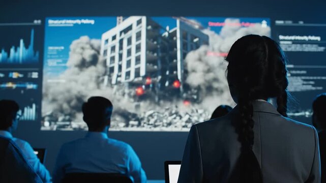 Professional engineering team observing a building collapse simulation on a large screen, analyzing structural integrity failure and disaster scenarios in a high-tech control room