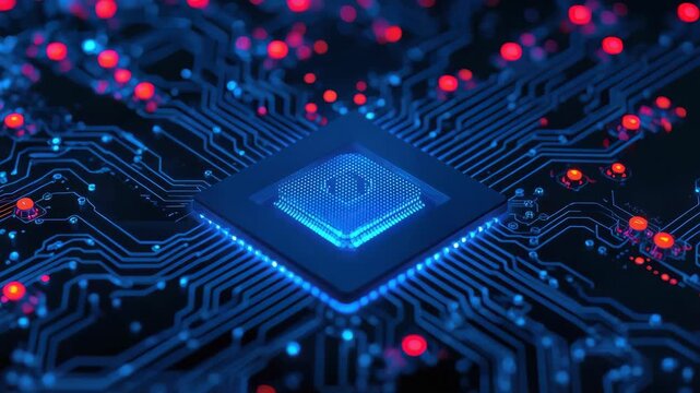 Glowing blue microchip circuit board with red indicator lights and futuristic processor cpu