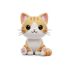 Cute cartoon ginger cat with big eyes sits on white background