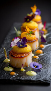 Gourmet seafood timbale with scallop, scallops and citrus mist garnished with edible flowers on black rectangular plate at upscale restaurant. Generative AI image