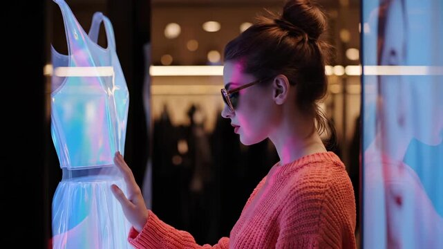 Profile view of woman shopper studying dress in window display. store interior and mannequin appear through reflection. eyewear rests on face. retail setting with fashion garment and boutique layout.
