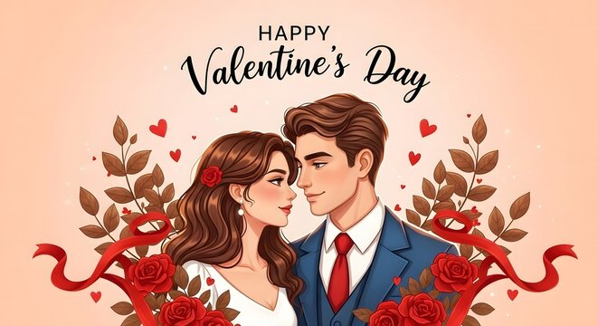 Valentine's day illustration of loving couple embracing romance