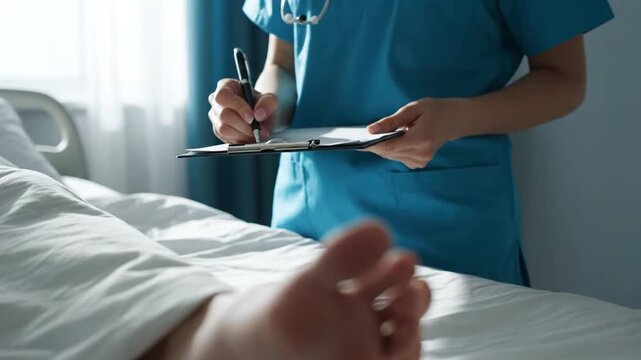 A medical professional in blue scrubs stands beside a patient in a hospital bed, diligently writing notes on a clipboard. The focus is on the charting process and the patient's foot resting under whi