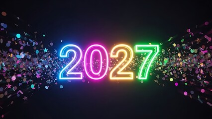 Vibrant neon lights form the year 2027 amidst a colorful explosion of celebratory confetti particles