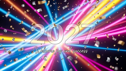 A vibrant and colorful burst of light radiates from the new year 2027 celebration with confetti