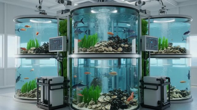 Medium shot of a hightech joint aquaculture setup with cooperative tank design focusing on operational efficiency and environmental harmony in mixed shellfish and fish farming.