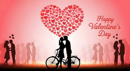 Romantic valentine's day scene with silhouetted couple on a bicycle