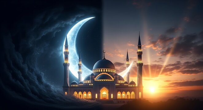 Day and night transition over a mosque framed by a radiant crescent moon
