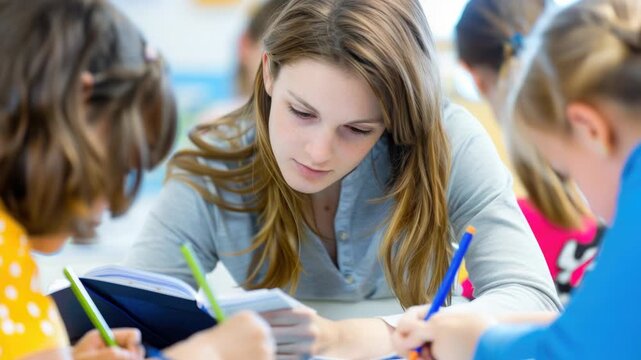 Video A woman instructs a group of kids at a table, possibly in a classroom or educational setting