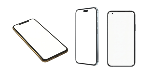 Two modern smartphone mockups in different orientations on transparent background