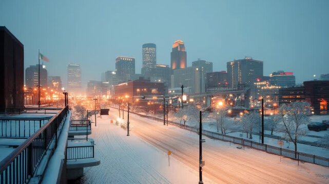 Snowy city skyline at dusk with warm streetlights illuminating the winter landscape