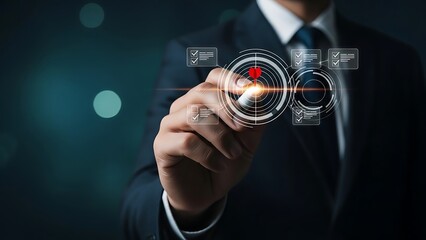 Business leader setting strategic goals and achieving success with digital target interface