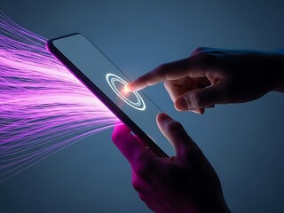 User interacts with a glowing mobile device, showcasing high-speed data transfer and futuristic digital connectivity