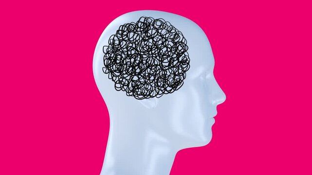 Human head with chaotic scribble circle in brain. Realistic collage art composition in creative modern stop motion style. Minimal abstract graphic concept design for psychology. Fashion loop animation