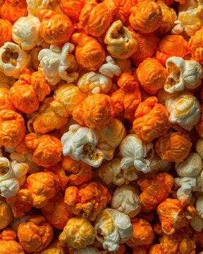 A vibrant close-up of freshly popped popcorn in various shades of orange and white, showcasing texture