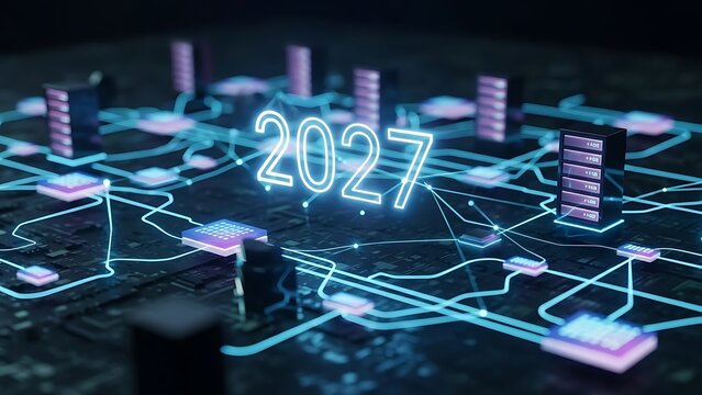 Futuristic data network visualization with glowing lines and server blocks displaying the year 2027 high quality - Powered by Adobe