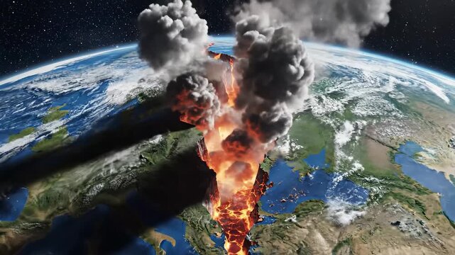 A massive crack tears through Earth's surface, spewing molten lava and dark smoke into the atmosphere, depicting a terrifying apocalyptic event viewed from a dramatic orbital perspective.