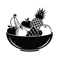 Black silhouette of a bowl filled with various fresh fruits healthy food