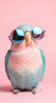 Cute turquoise and pink parrot wearing round silver sunglasses on a pink background