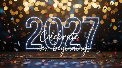 A radiant neon depiction of 2027 with celebratory confetti and text signaling new beginnings and festivity