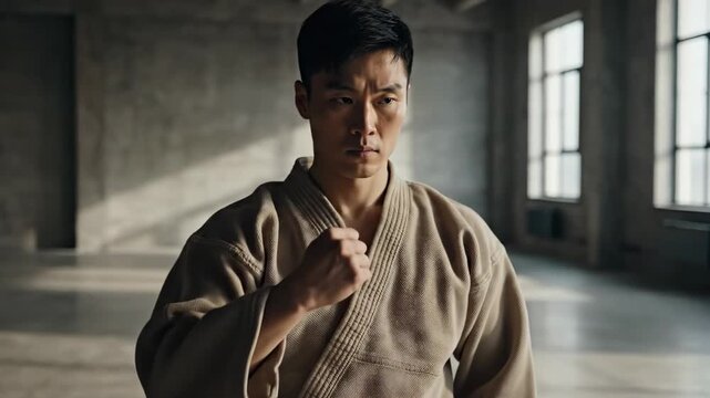 A determined and focused Asian man in a traditional martial arts gi stands ready, illuminated by natural light in a spacious, minimalist training studio, preparing for combat or demonstratio